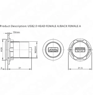 USB-01C-BK 22mm Pano Tip Siyah USB A Dişi Soket